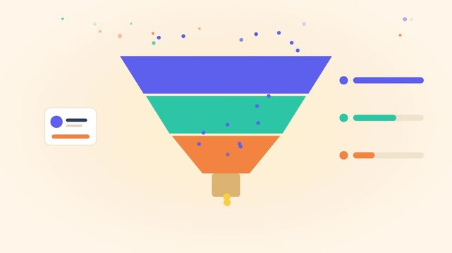 Colorful sales funnel concept animation shows customer conversion process with floating particles dropping gold coins
