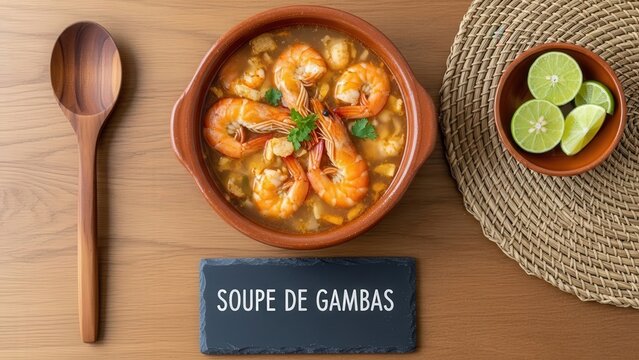 Overhead view of traditional Soupe de Gambas river prawn soup in a rustic terracotta bowl with a chalkboard, lime wedges, and woven placemat on a wooden table.