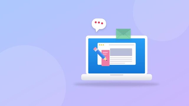 Animated laptop screen displaying website building tools with floating communication icons in vibrant digital motion footage clip