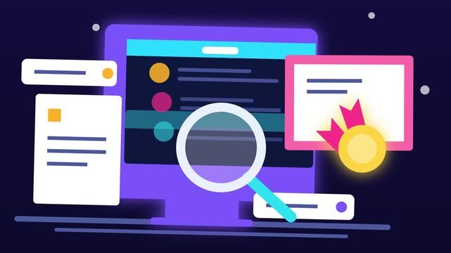 Digital interface screen graphic animation featuring search magnifying glass elements floating around vibrant colorful computer monitor video