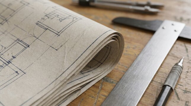 Structural engineering blueprint sheet folded beside steel T-square and mechanical pencil on drafting table