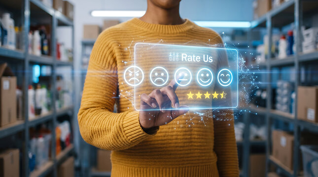 Person in yellow sweater interacting with a glowing holographic customer feedback interface featuring five emoji faces and stars in a warehouse setting