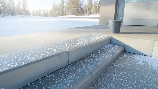Deicing Salt Applied to Icy Business Entrance Steps