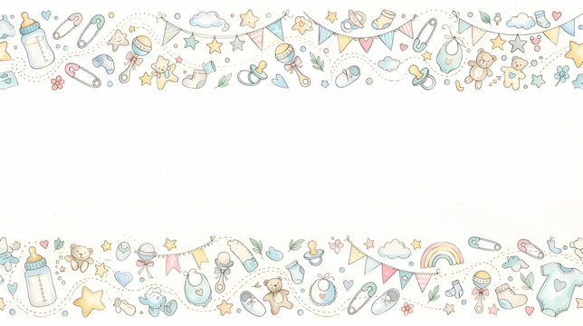 Baby shower seamless pattern with icons and copy space
