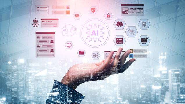 A hand appears to interact with digital symbols representing artificial intelligence, showcasing technology advancement with a vibrant city background. Ledger