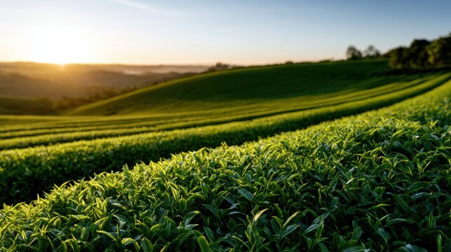 Sunrise over lush green tea plantations with rolling hills and vibrant fresh leaves stretching across the landscape under a clear sky in early morning light