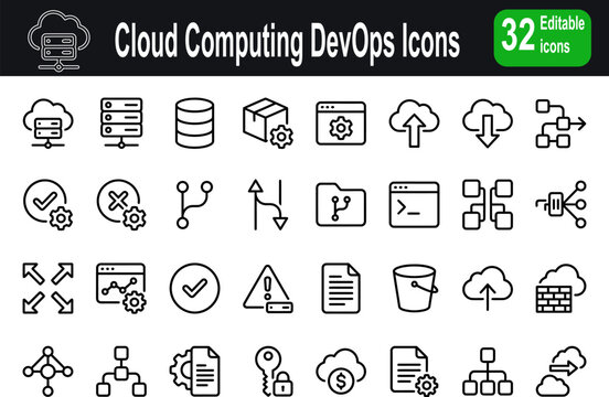 Cloud computing and DevOps icon set in line style. Server infrastructure linear icon collection. Containing cloud server, database, deployment, git branch, firewall and more. Editable stroke