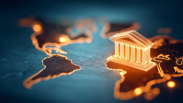 A bank building positioned on a world map represents global banking international finance and cross border financial services
