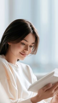 Young woman with long dark hair enjoying reading a book indoors in soft natural light with a peaceful smile on her face