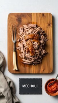 Minimalist flat lay of traditional M&eacute;choui slow-roasted lamb on a wooden board with harissa, Bogolan cloth, and an antique carving fork on light stone.