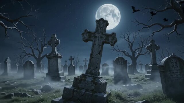 Stone gravestones and bare trees in cemetery under full moon at night with bats flying, slow motion