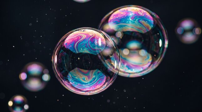 Iridescent soap bubbles floating against a dark background
