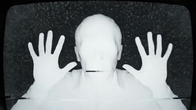 Man silhouette with hands pressed against vintage television screen showing static noise medium shot