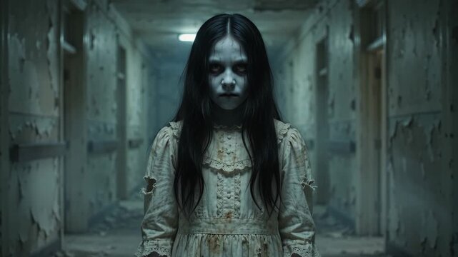 Pale girl in vintage dress standing in abandoned hospital corridor, medium shot, horror atmosphere