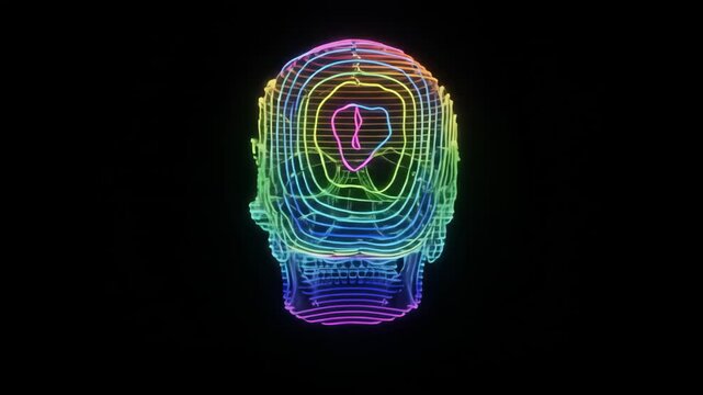 Rainbow neon skull rotating against black background with horizontal light lines and copy space