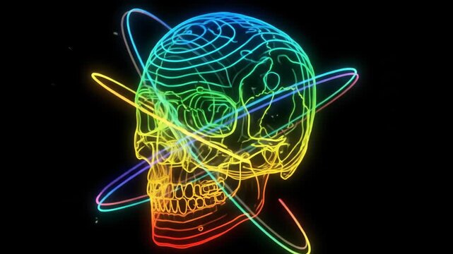 Rainbow skull wireframe rotating with glowing orbital rings against black background