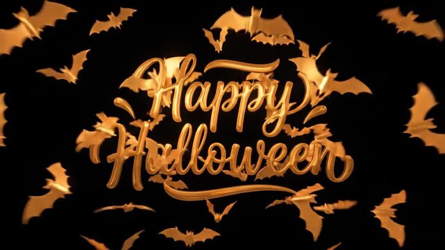 Gold Happy Halloween text with flying bats against black background, real time animation