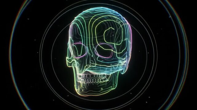 Multicolored neon skull with glowing topographic contour lines rotating against black background