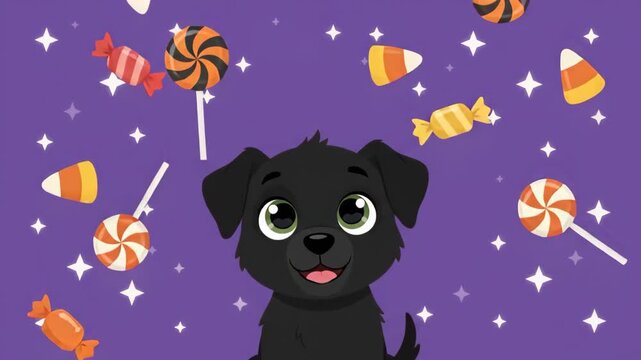 Black puppy with falling candy and stars on purple background animation loop