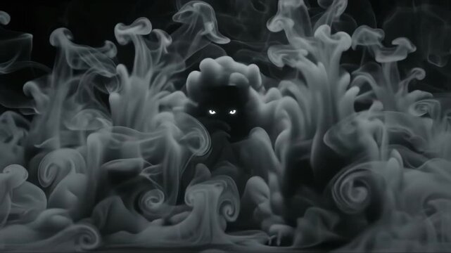 Grey smoke figures emerging from dark background, multiple glowing eyes, medium shot, real time