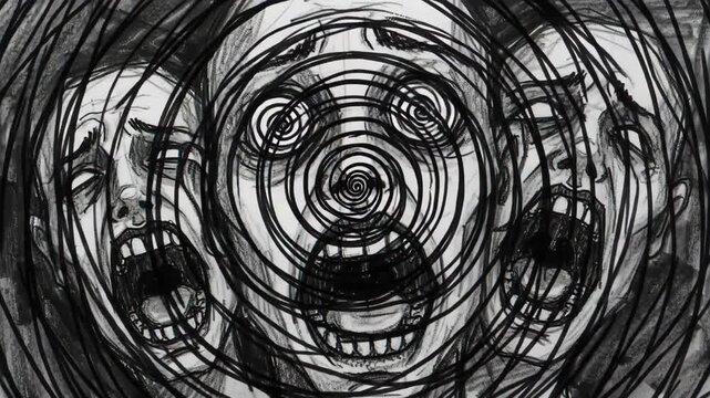 Pencil sketch animation of screaming human faces with spiral eyes on white paper background, close up
