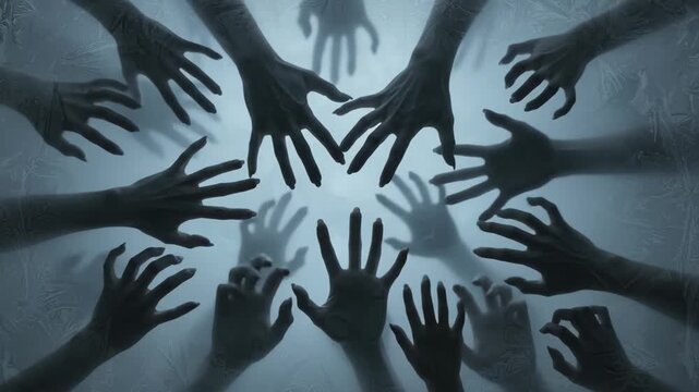 Grey ghostly hands pressing against frosted glass surface in dark environment, overhead shot