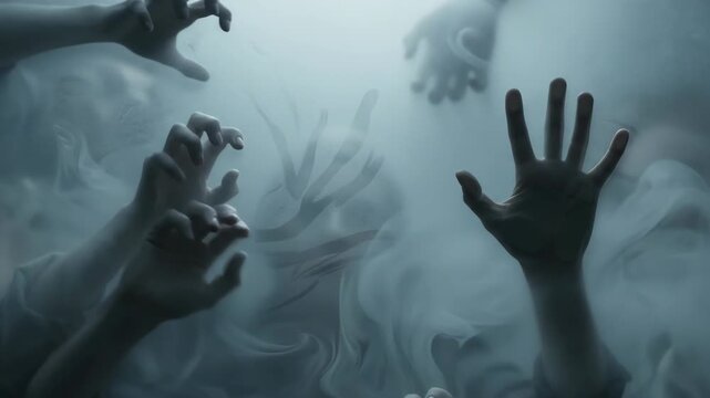 Human hands pressing against frosted glass surface in thick grey fog, extreme close up shot