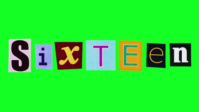 Bold mixed case newspaper letters spelling Sixteen on bright green backdrop, playful sweet sixteen and milestone energy with handcrafted magazine type and high Stickers are crumpled on green screen