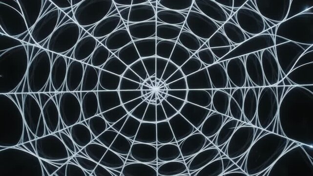 White glowing spider web structure expanding on black background in macro close up