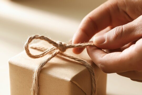 Person tying a natural jute twine bow on a simple brown paper wrapped gift box in warm soft light background for eco-friendly packaging concept