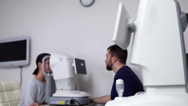 Female patient receives an eye examination under the supervision of an ophthalmologist. Concept vision testing and modern ophthalmic care.