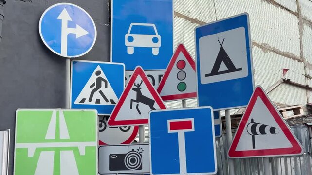 Various traffic signs like pedestrian crossing, dead end and wild animals warning are mounted together near wall outdoors. Road safety infrastructure, collection of regulatory street signals.