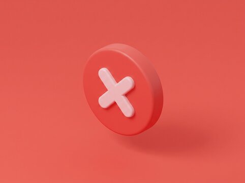 3D rendered red circle button with white cross icon representing error or rejection