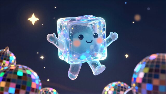 Cute ice cube character floats joyfully among sparkling disco balls under starry night sky.