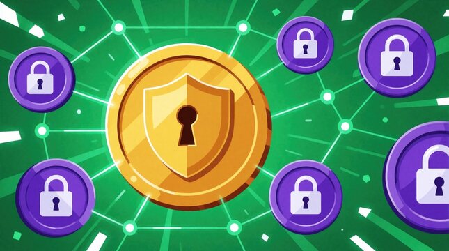 Gold coin with shield, keyhole icon represents secure wealth investment. Digital lock symbols float on green tech background with network lines. Concept for protecting assets from inflation, cyber