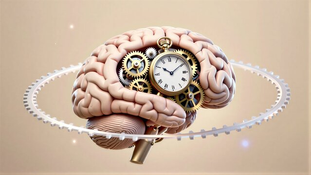 Brain with gears and clock, symbolizing thought processes and time.