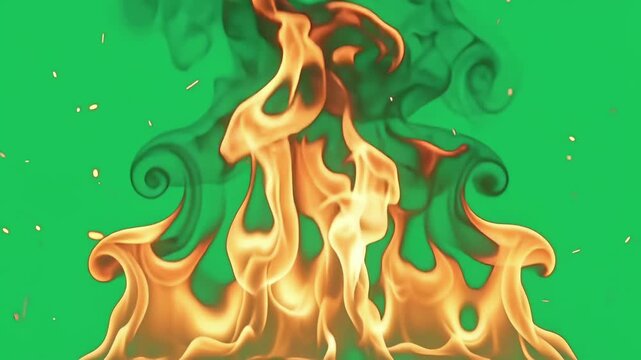 Intense Flames with Smoke and Embers on Green Screen background