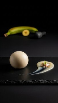 Fine dining presentation of Foutou Banane plantain fufu and clear fish soup on a dark slate platter featuring raw plantain and dramatic negative space.