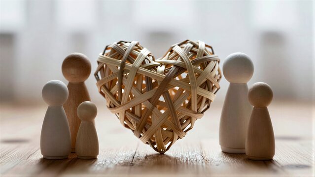 Wooden figures surround a woven heart, symbolizing family love and unity.