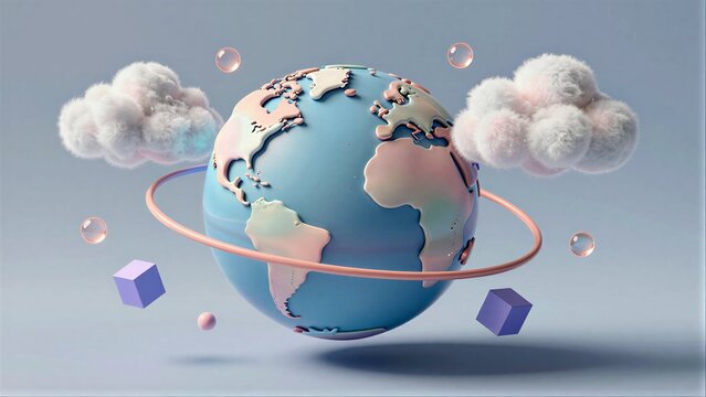 Pastel globe floats among fluffy clouds, rings, cubes, and glowing orbs.