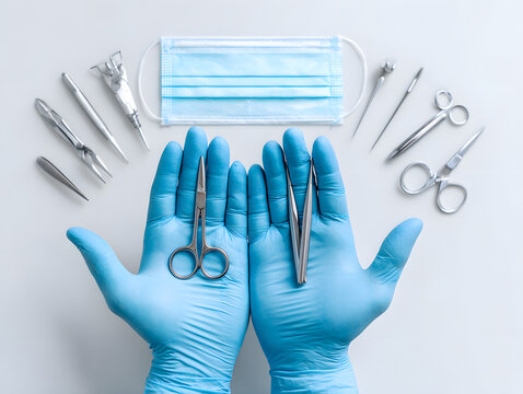 Hand wearing gloves and chirurgical instruments to protect ourselves from virus and other infective diseases, inside hospital natural light