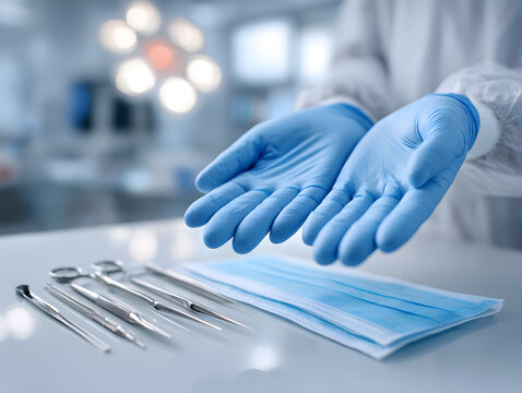 Hand wearing gloves and chirurgical instruments to protect ourselves from virus and other infective diseases, inside hospital natural light