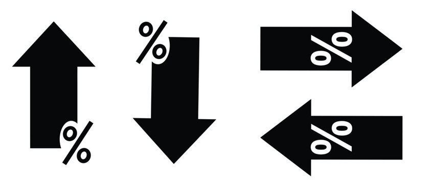 Up and down percentage arrow icons showing growth, decline, increase and decrease for finance, analytics, business and statistics.