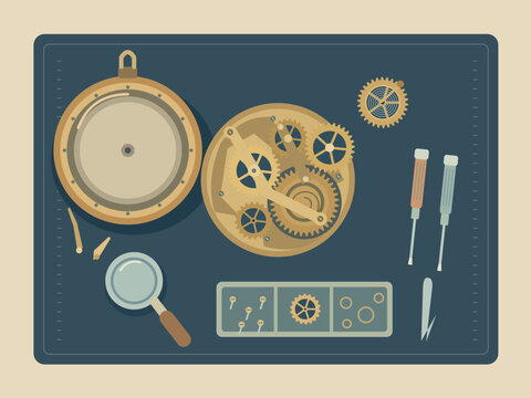 Mechanical clock repair bench with gears and precision tools