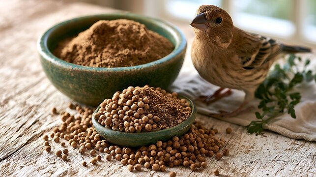 A small brown bird stands next to bowls of natural birdseed and powdered food on a rustic wooden table highlighting pet near to food