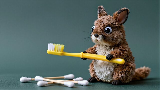 Cute bunny holds toothbrush, surrounded by cotton swabs on green background.