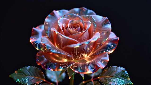 Futuristic roses with glowing circuit patterns, blending nature and technology.