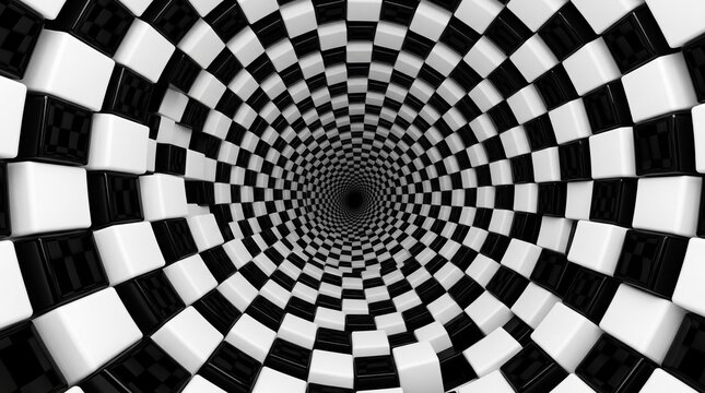 Black and white checkered cube tunnel perspective