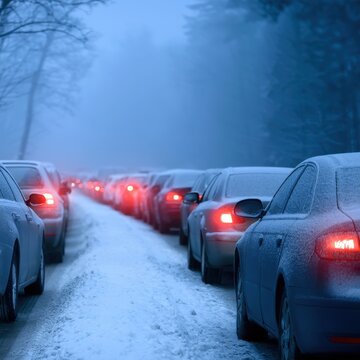 Line of cars covered in frost and snow with glowing taillights waiting in slow-moving traffic on a cold foggy winter morning on a forest road