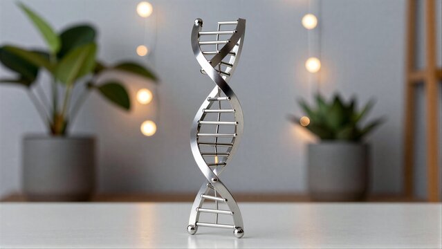 Shiny DNA model stands on desk, surrounded by plants and warm string lights.